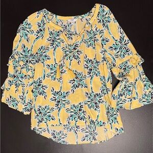 crown & ivy Yellow Palm-Print Peasant Top with Tassel Tie